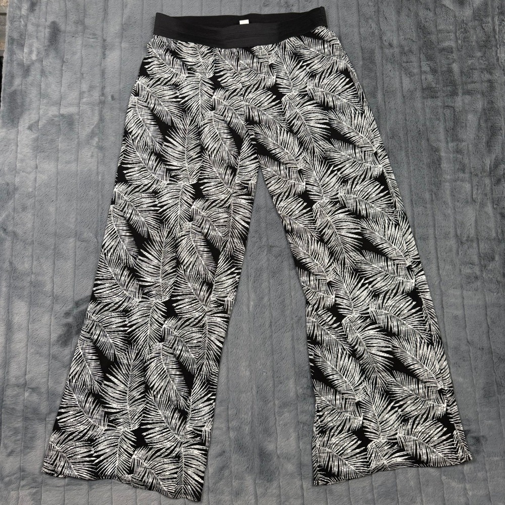 White House Black Market Palm Leaf Wide Leg Pants Black White Tropical Small